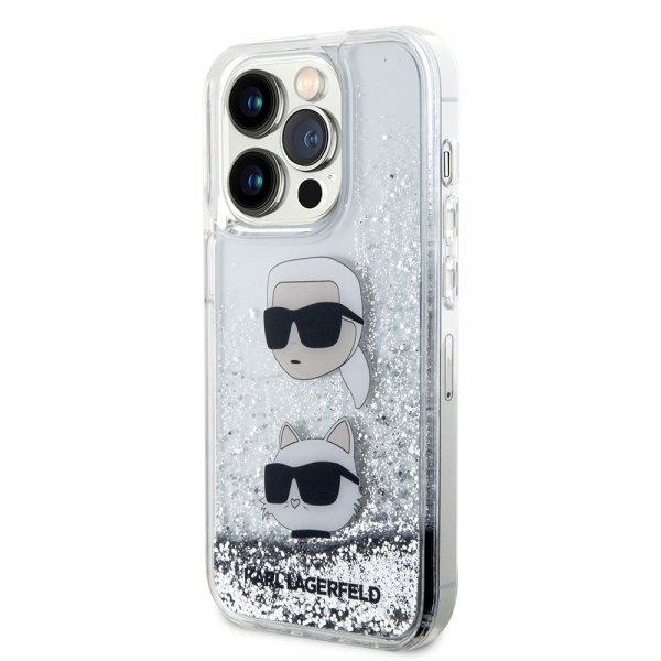 Karl Lagerfeld iPhone 15 Pro Cover Liquid Glitter Karl & Choupette Sølv