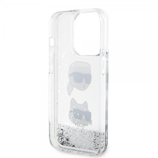 Karl Lagerfeld iPhone 15 Pro Cover Liquid Glitter Karl & Choupette Sølv