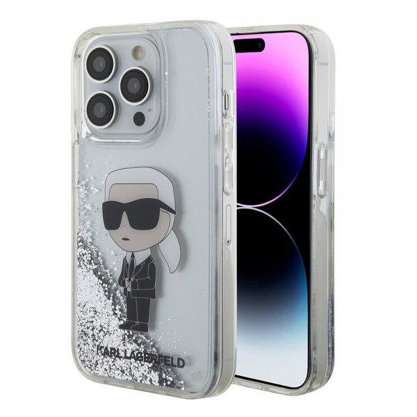 Karl Lagerfeld iPhone 15 Pro Cover Liquid Glitter NFT Karl Silver