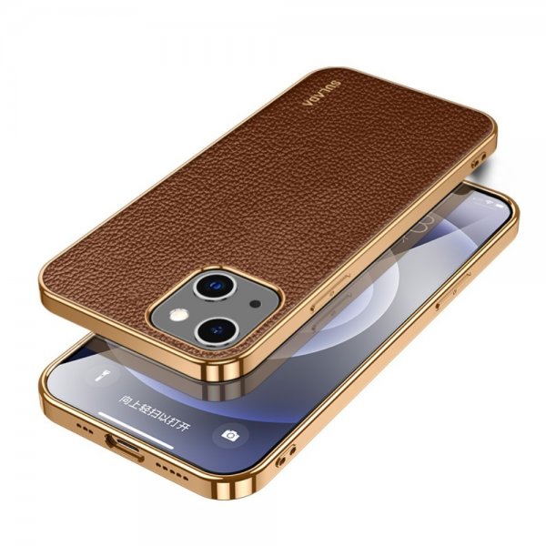 Sulada iPhone 15 Pro Cover Litchi-mønster Forgyldt Kant Kaffe