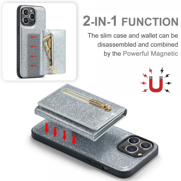 Dg.Ming iPhone 15 Pro Cover M3 Serie Aftagelig Kortholder Glitter Sølv