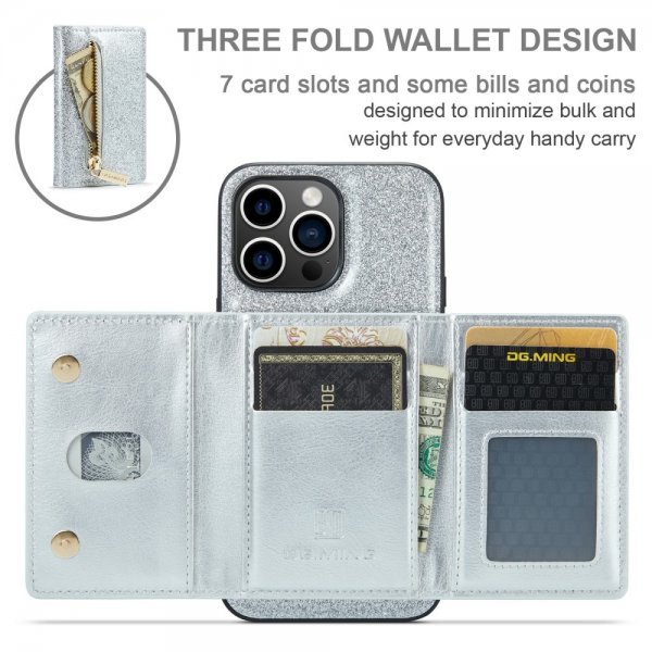 Dg.Ming iPhone 15 Pro Cover M3 Serie Aftagelig Kortholder Glitter Sølv