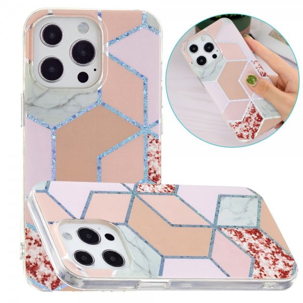 iPhone 15 Pro Cover Marmormønster Rød Pink