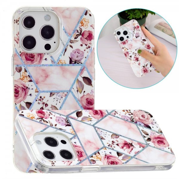 iPhone 15 Pro Cover Marmormønster Roser Rosa