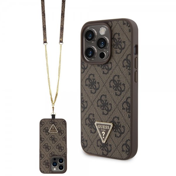 Guess iPhone 15 Pro Cover Metal Logo Rhinsten Crossbody Rem Brun