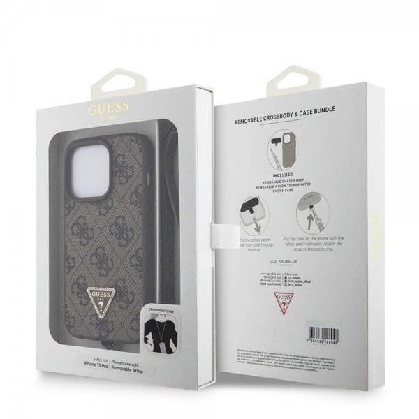 Guess iPhone 15 Pro Cover Metal Logo Rhinsten Crossbody Rem Brun