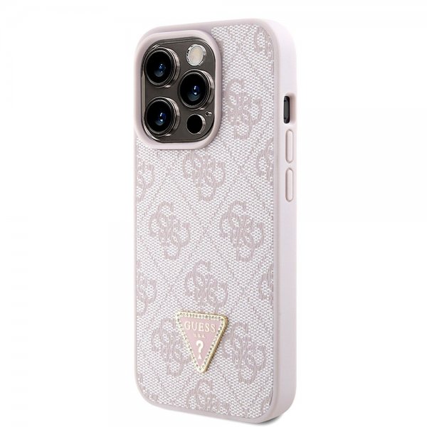 Guess iPhone 15 Pro Cover Metal Logo Rhinestone Crossbody Rem Rosa