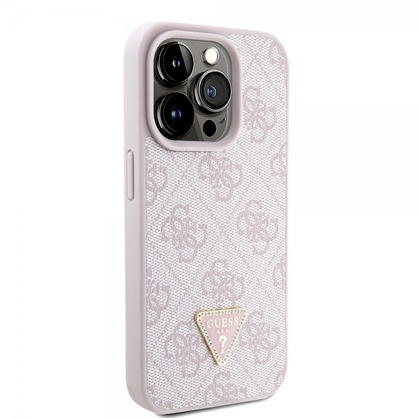 Guess iPhone 15 Pro Cover Metal Logo Rhinestone Crossbody Rem Rosa