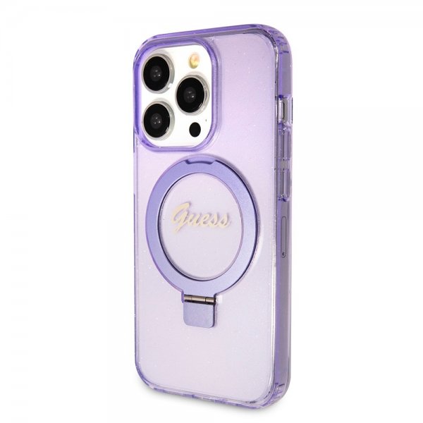 Guess iPhone 15 Pro Cover Ring Stand Glitter MagSafe Lilla