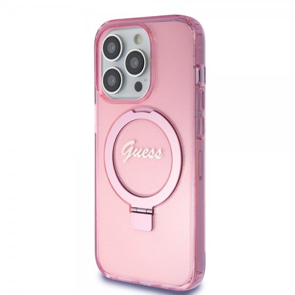 Guess iPhone 15 Pro Cover Ring Stand Glitter MagSafe Rosa