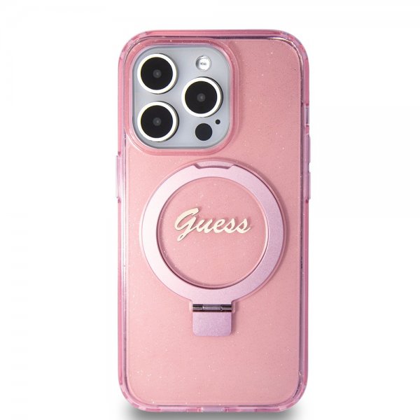 Guess iPhone 15 Pro Cover Ring Stand Glitter MagSafe Rosa