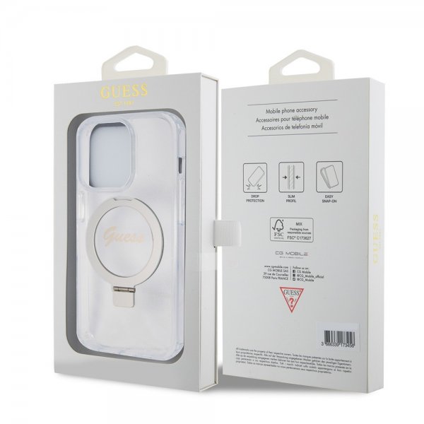 Guess iPhone 15 Pro Cover Ring Stand Glitter MagSafe Transparent