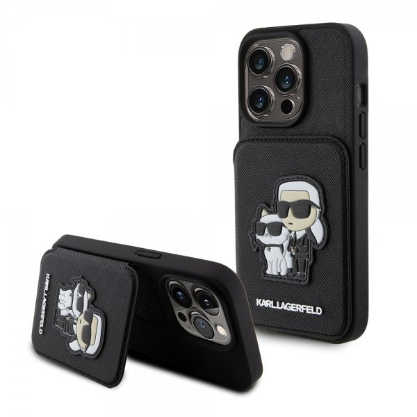 Karl Lagerfeld iPhone 15 Pro Cover Saffiano Kortpladser & Stand Sort
