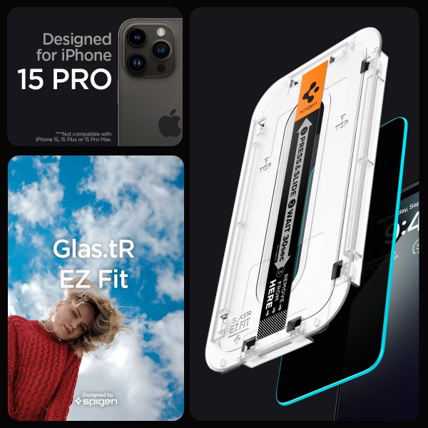 Spigen iPhone 15 Pro Skærmbeskyttelse GLAS.tR EZ Fit Privacy 2-pak
