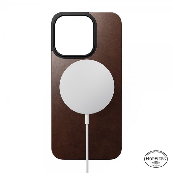 Nomad iPhone 15 Pro Skin Magnetic Leather Back Horween Rustic Brown