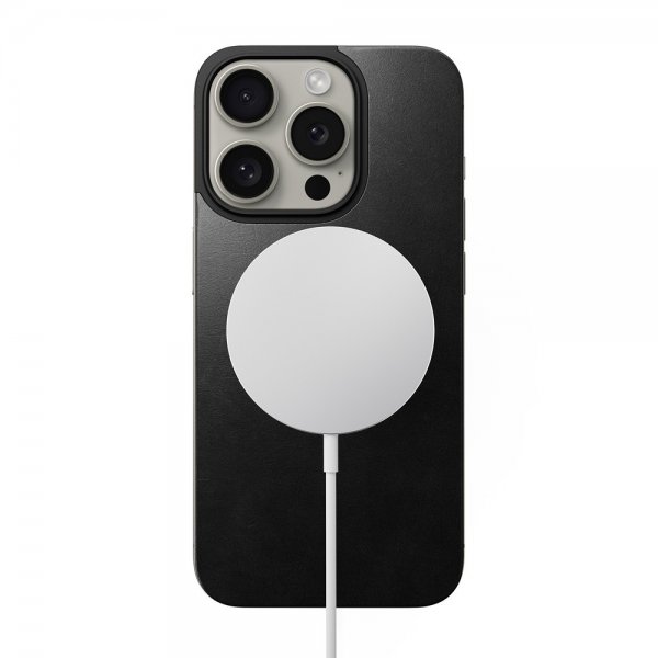 Nomad iPhone 15 Pro Skin Magnetic Leather Back Horween Sort