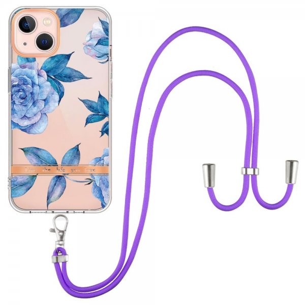 iPhone 15 Cover Blomstermønster med Rem Blå Pæon