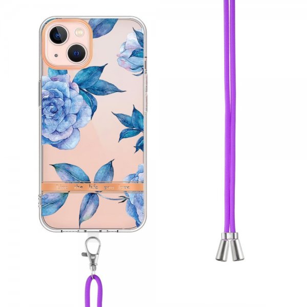 iPhone 15 Cover Blomstermønster med Rem Blå Pæon