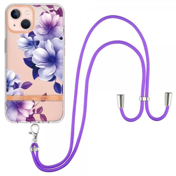 iPhone 15 Cover Blomstermønster med Rem Lilla Begonia