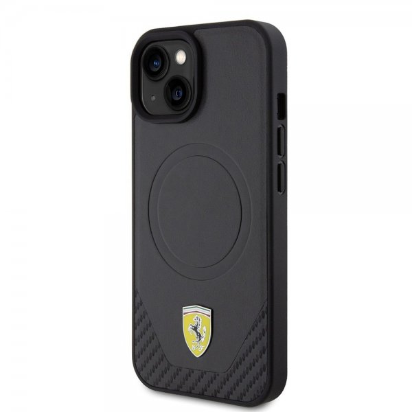 Ferrari iPhone 15 Cover Carbon PU Læder MagSafe Sort