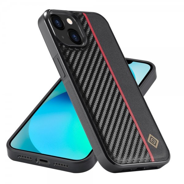 Lc.Imeeke iPhone 15 Cover Kulfibertekstur Rød Stribe Sort