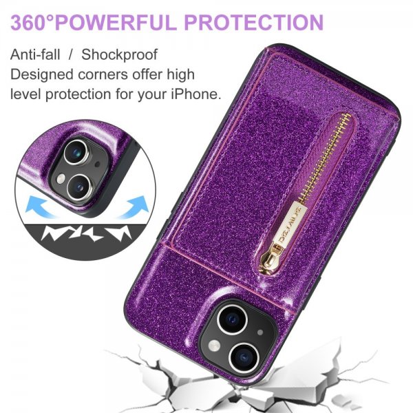 Dg.Ming iPhone 15 Cover M3 Series Aftagelig Kortholder Glitter Lilla