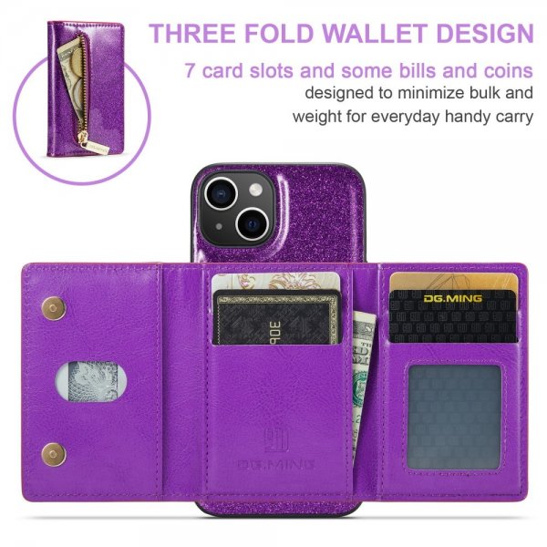 Dg.Ming iPhone 15 Cover M3 Series Aftagelig Kortholder Glitter Lilla