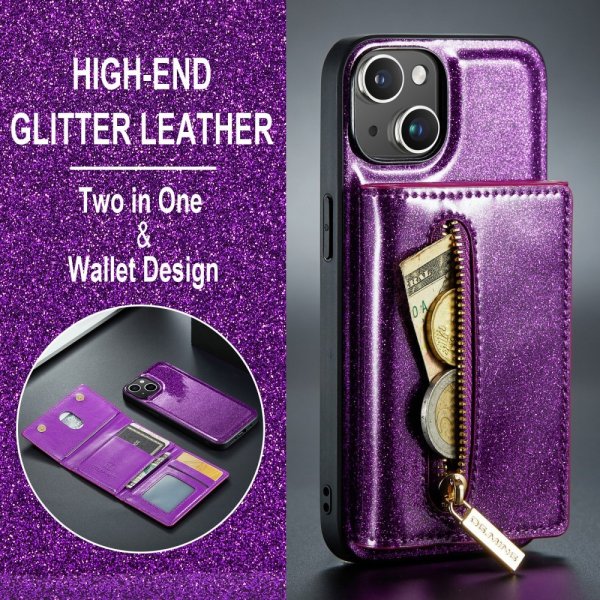 Dg.Ming iPhone 15 Cover M3 Series Aftagelig Kortholder Glitter Lilla