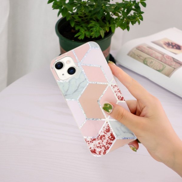iPhone 15 Cover Marmormønster Rød Rosa