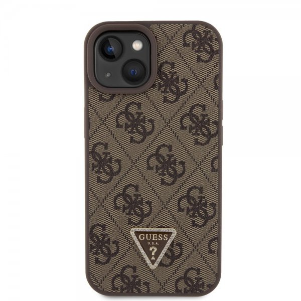 Guess iPhone 15 Cover Metal Logo Rhinestone Crossbody Rem Brun