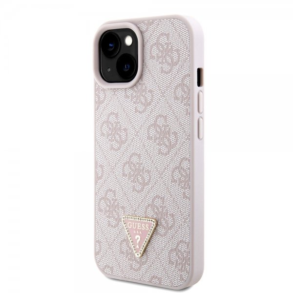 Guess iPhone 15 Cover Metal Logo Strass Crossbody Strap Rosa