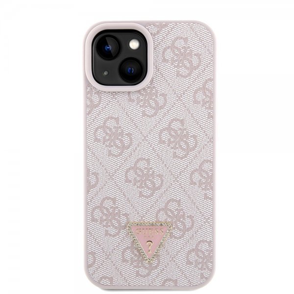 Guess iPhone 15 Cover Metal Logo Strass Crossbody Strap Rosa