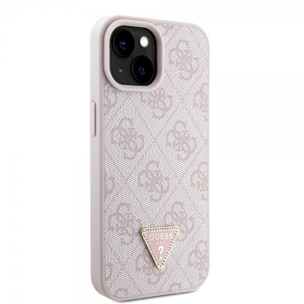 Guess iPhone 15 Cover Metal Logo Strass Crossbody Strap Rosa