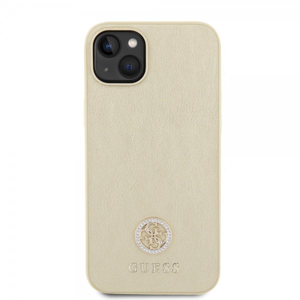 Guess iPhone 15 Cover Metal Logo Rhinestone Guld
