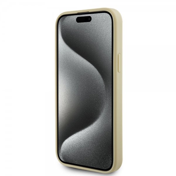 Guess iPhone 15 Cover Metal Logo Rhinestone Guld