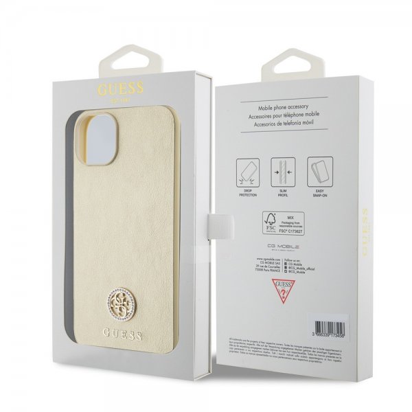 Guess iPhone 15 Cover Metal Logo Rhinestone Guld