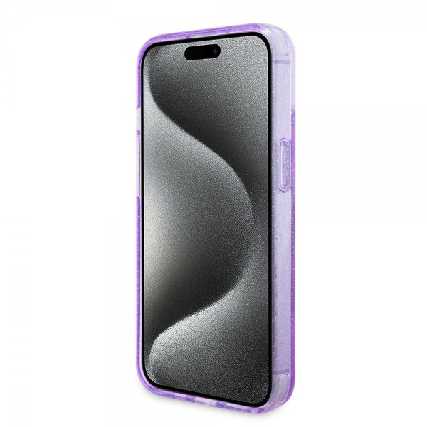 Guess iPhone 15 Cover Ring Stand Glitter MagSafe Lilla