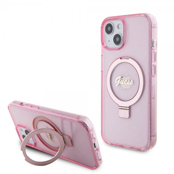 Guess iPhone 15 Cover Ring Stand Glitter MagSafe Rosa