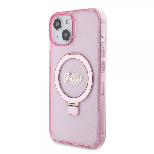 Guess iPhone 15 Cover Ring Stand Glitter MagSafe Rosa