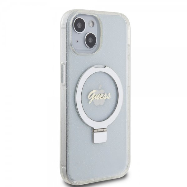 Guess iPhone 15 Cover Ring Stand Glitter MagSafe Transparent