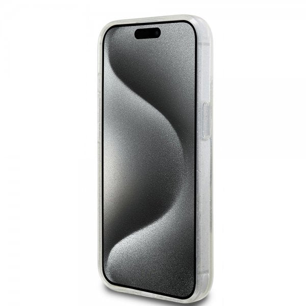 Guess iPhone 15 Cover Ring Stand Glitter MagSafe Transparent