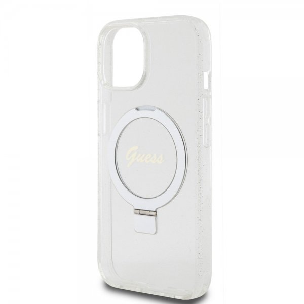 Guess iPhone 15 Cover Ring Stand Glitter MagSafe Transparent