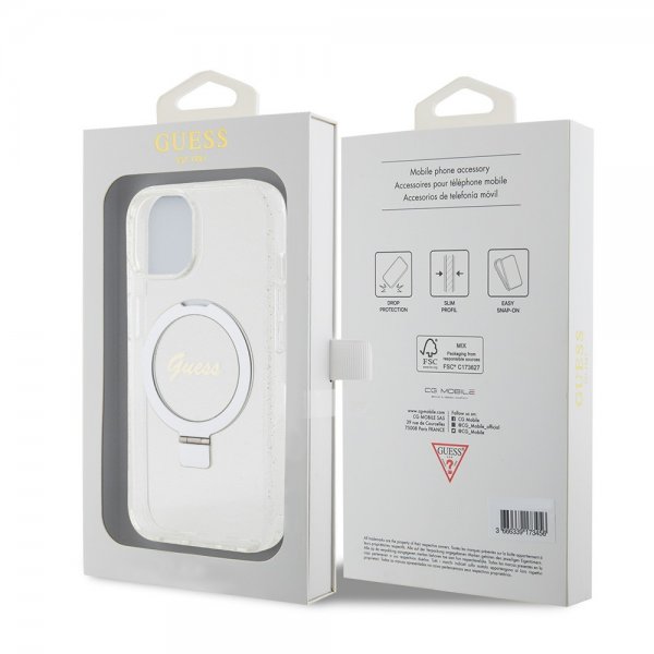 Guess iPhone 15 Cover Ring Stand Glitter MagSafe Transparent