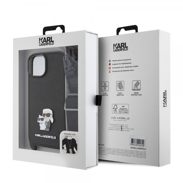 Karl Lagerfeld iPhone 15 Cover Saffiano Karl & Choupette Crossbody Sort