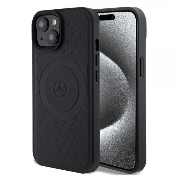 Mercedes Benz iPhone 15 Cover Stjernemønster MagSafe Sort