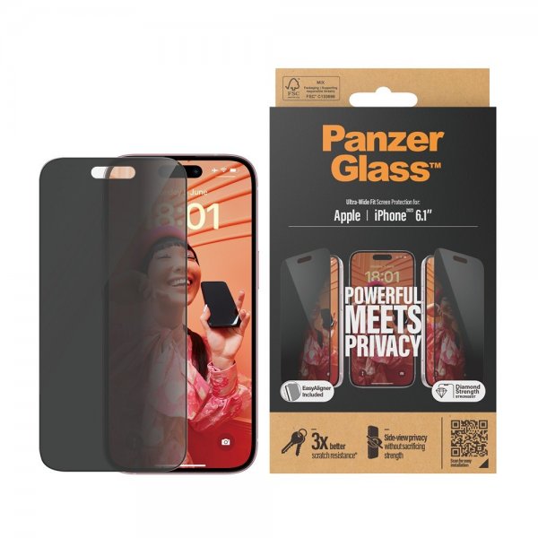 PanzerGlass iPhone 15 Skærmbeskyttelse Ultra-Wide Fit Privacy EasyAligner