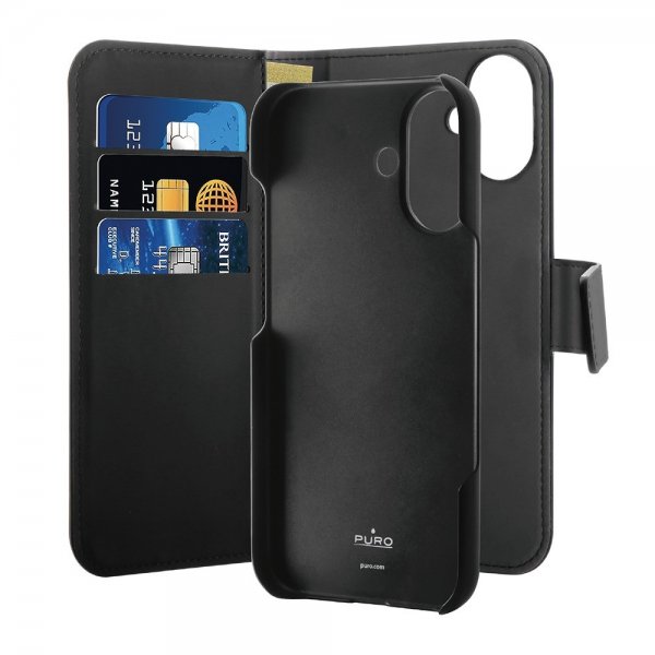 Puro iPhone 16 Plus Cover Wallet Detachable 2-i-1 Sort