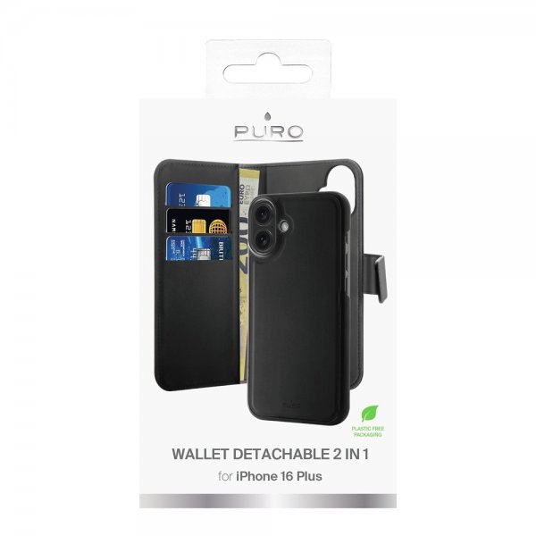 Puro iPhone 16 Plus Cover Wallet Detachable 2-i-1 Sort