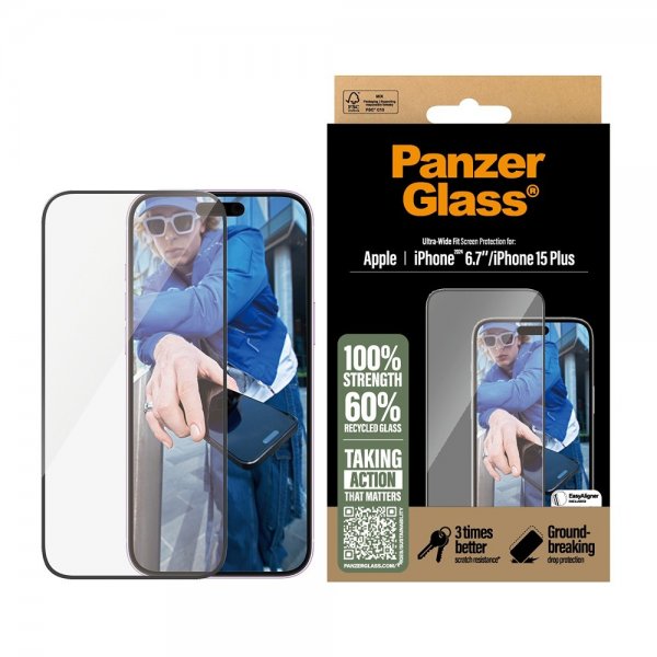 PanzerGlass iPhone 15 Plus/iPhone 16 Plus Skærmbeskyttelse Ultra-Wide Fit EasyAligner