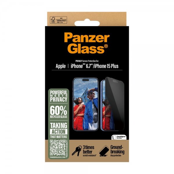 PanzerGlass iPhone 15 Plus/iPhone 16 Plus Skærmbeskyttelse Ultra-Wide Fit Privacy EasyAligner